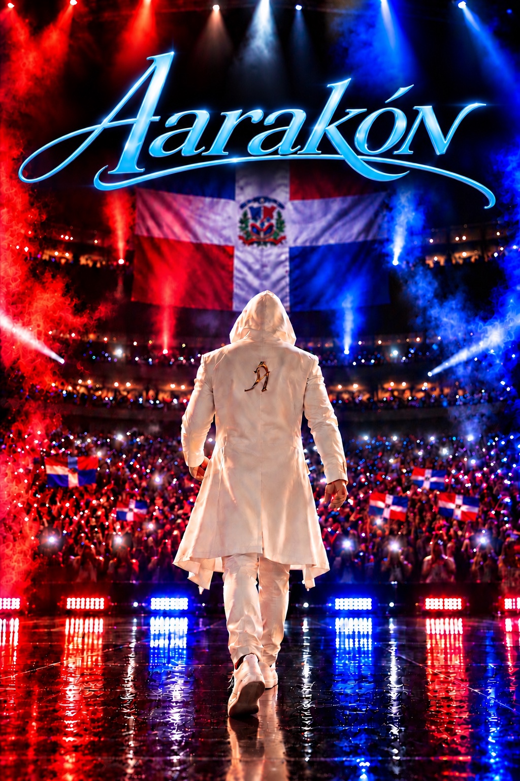 Aarakón entrando a un gran escenario con luces rojas y azules y la bandera dominicana